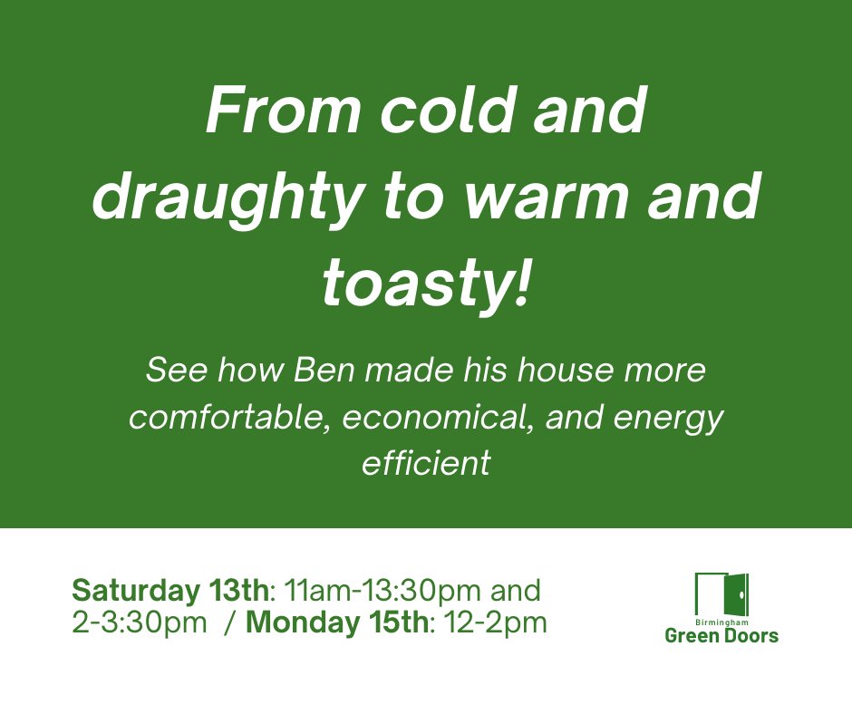 Less than a week to go #BrumHour - if you want to learn about making homes more energy efficient then please join Birmingham Green Doors on a study visit to Ben's Edwardian house in Moseley to learn from Ben himself birminghamgreendoors.co.uk/index.php/2024…  #EnergySaving #HeatPump