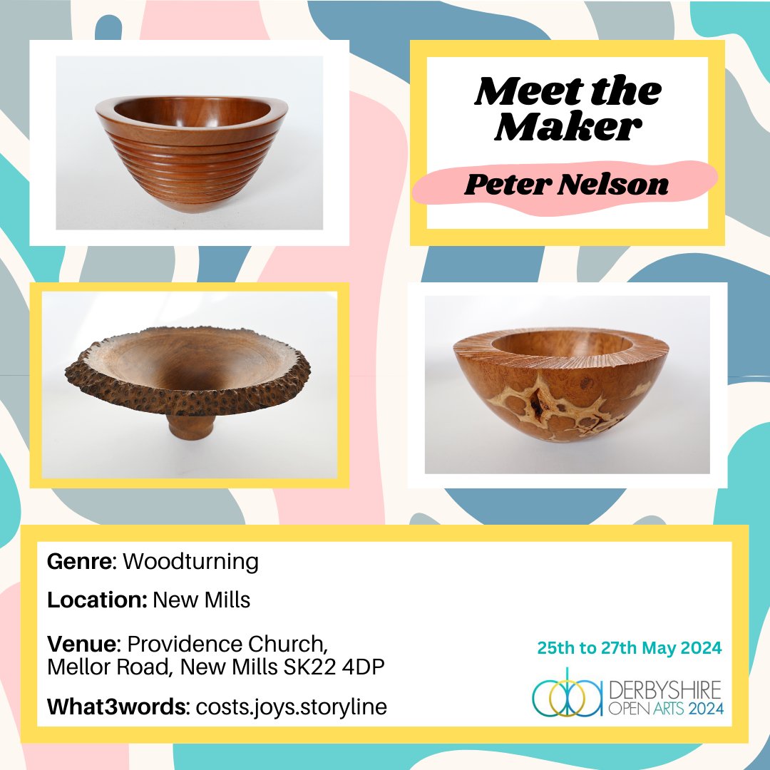 Meet the Maker: Peter Nelson “Utilising timber sourced mainly from tree surgeons Peter creates bowls and vessels both to use and cherish. Texture, colour and scorching are evident in many of his pieces.” Find out more: derbyshireopenarts.co.uk