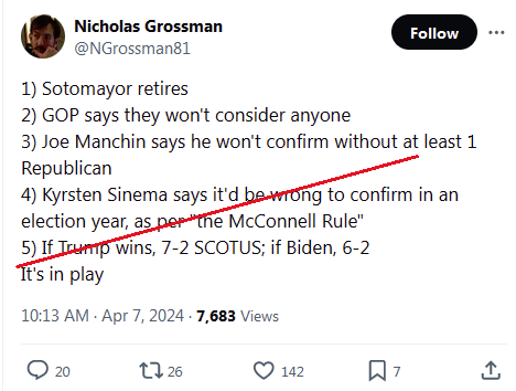 @NGrossman81 @Steven_Strauss Except justices don't retire like that. They retire *subject to* confirmation of a replacement. And, FUN FACT: Until a justice actually retires, she can withdraw her plan to retire. Iow, if no Biden nominee were confirmed and Trump were elected, Sotomayor could stay on the Court.