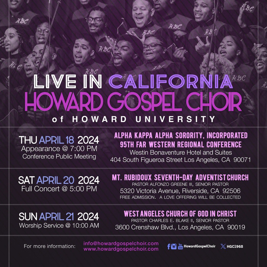 #THISMONTH • The Howard Gospel Choir of Howard University is heading to CALIFORNIA APRIL 18-21! We would LOVE to see you! #ShareTheLove #retweet • For info: info@howardgospelchoir.com #LosAngeles #California #HBCU #howardalumni #howardgospelchoir howardgospelchoir.com