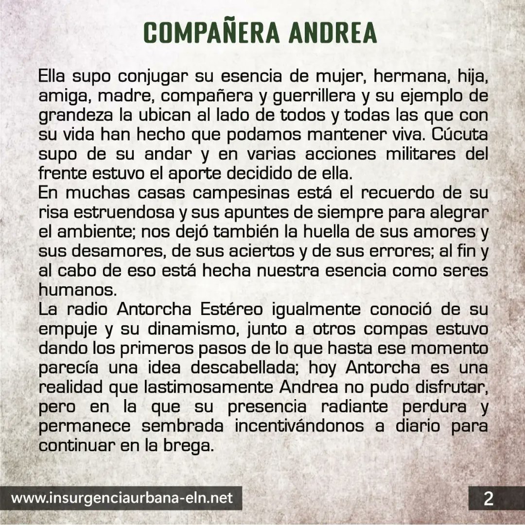 #SomosMujeresRebeldes

COMPAÑERA ANDREA
🔴⚫ Mujer insurgente, humilde, cariñosa, disciplinada.

#SiempreJuntoAlPueblo
#InsurgenciaUrbana
#ELN60Años