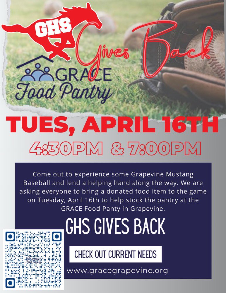 HELP GHS BASEBALL “GIVE BACK” - Tuesday, April 16th vs. Argyle - come bring much needed items to help our community and stay for a GREAT baseball game.