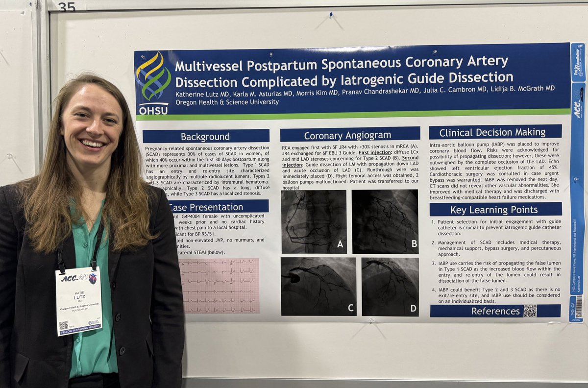 Dr. Katie Lutz sharing a challenging clinical case of multivessel SCAD at #ACC24 👏🏼👏🏼 @OHSUCardio