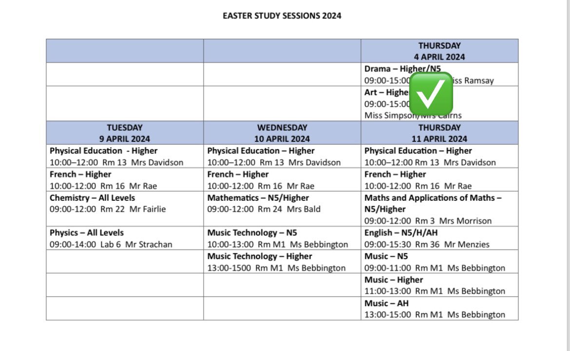 Our Easter Study sessions continue next week with P.E, French, Chemistry & Physics on Tuesday. See below for details of when Mrs Davidson, Mr Rae, Mr Fairlie & Mr Strachan will be in school. 😊 @perthacademype @modern_perth #TeamPA #RISE 💙