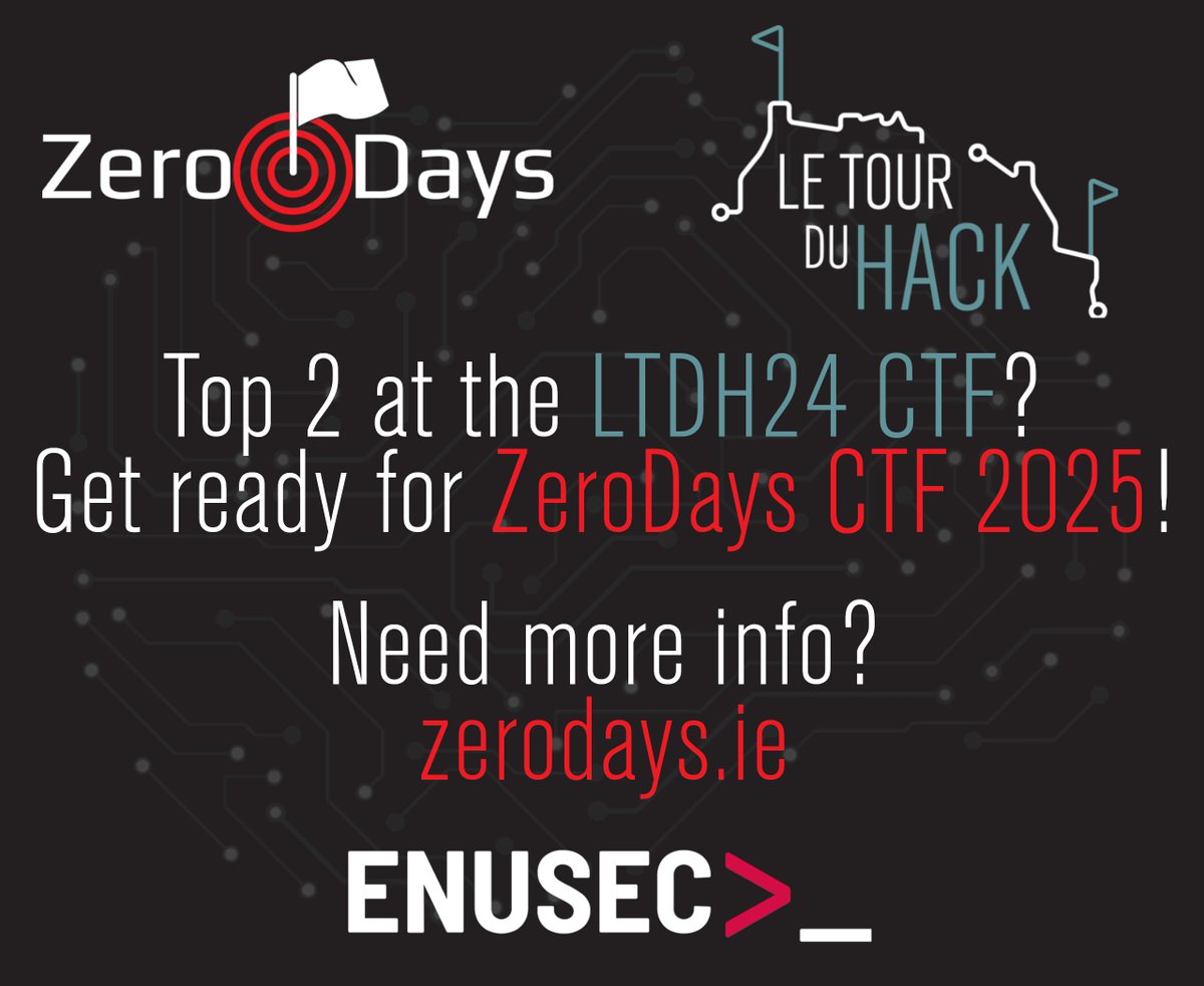 Edinburgh Napier University Security Society (@enusec) on Twitter photo We're super excited to announce <a href="/zerodaysctf/">ZeroDays CTF</a> have once again joined us as a Silver Sponsor for Le Tour Du Hack 2024!
The top two teams in our Day Two CTF will win team tickets to next year's ZeroDays CTF! We're super excited to announce <a href="/zerodaysctf/">ZeroDays CTF</a> have once again joined us as a Silver Sponsor for Le Tour Du Hack 2024!
The top two teams in our Day Two CTF will win team tickets to next year's ZeroDays CTF!