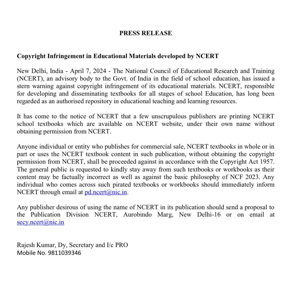 airnewsalerts's tweet photo. NCERT issues advisory on Copyrights Infringement in use of Educational Materials designed and developed by it and requests stakeholders to honour the advisory in letter and spirit.
#CopyrightInfringement #Education #NCERT #LegitimateLearning #TextbookIntegrity #EducationalEthics https://t.co/HOvajh7PTq
