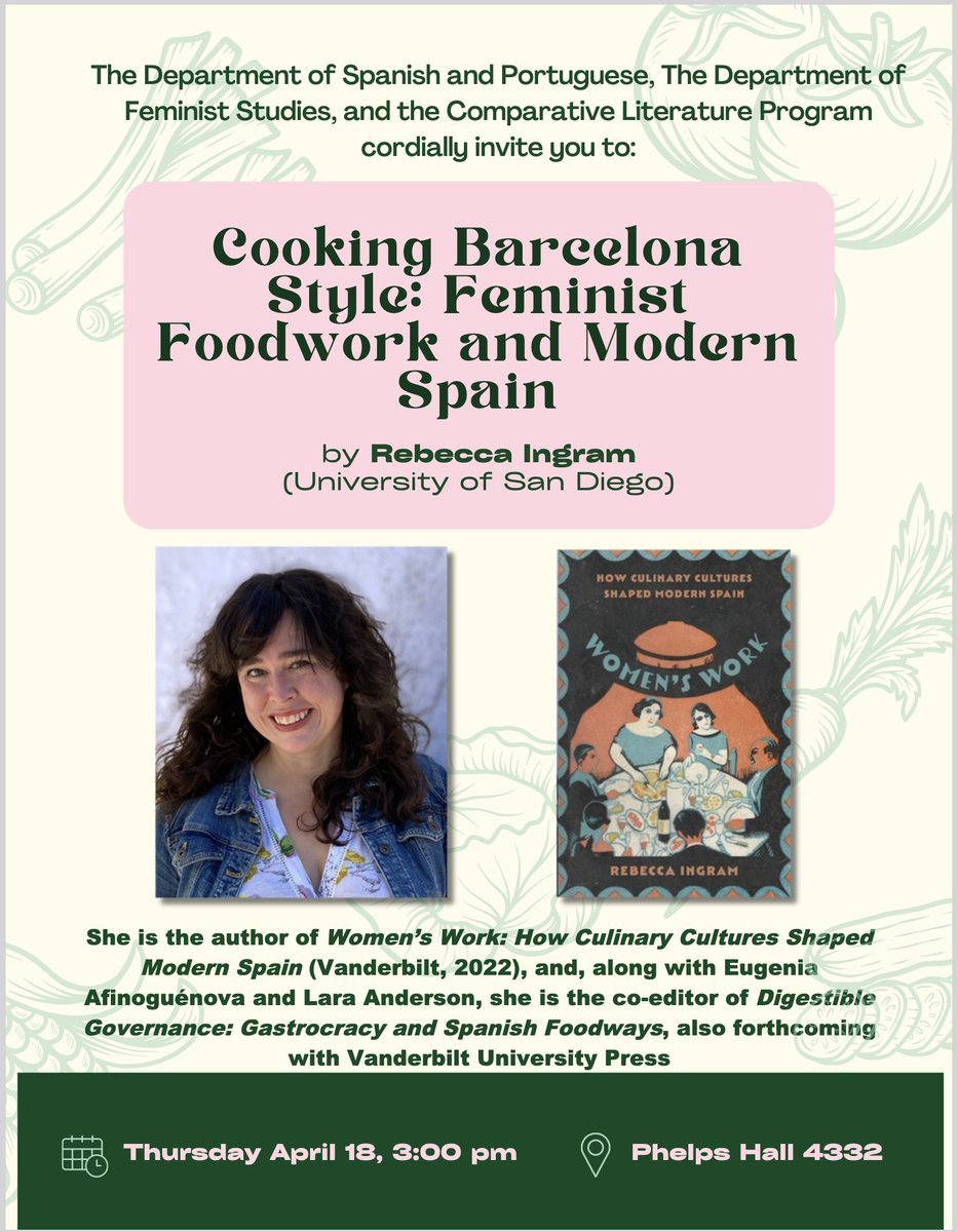 Awesome poster for my upcoming @ucsantabarbara talk. Come learn about #feministfoodstudies, #JosepRondissoni & Barcelona's Institut de Cultura i Biblioteca Popular de la Dona! 

#foodstudies #España #feminismos