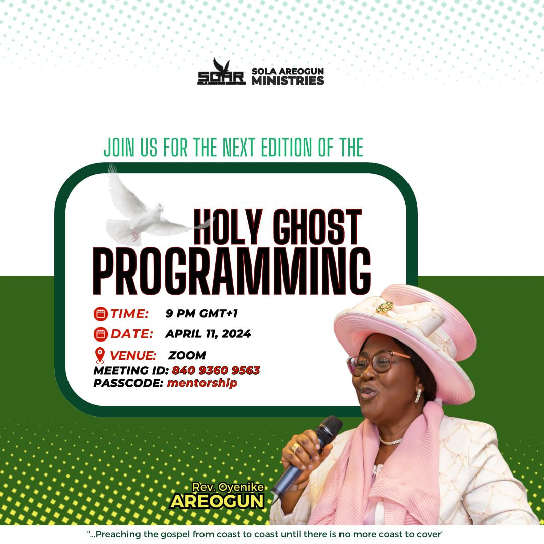 It is another 11th of the month. 
Inviting you to the April 2024 edition of the Holy Ghost Programming for Women.
Time: Thursday, 11th April 2024 | 9PM GMT+1
Happening live on Zoom. Details in the flier.
#RevOyenikeAreogun #ChristianWomen #UpHolyGhost