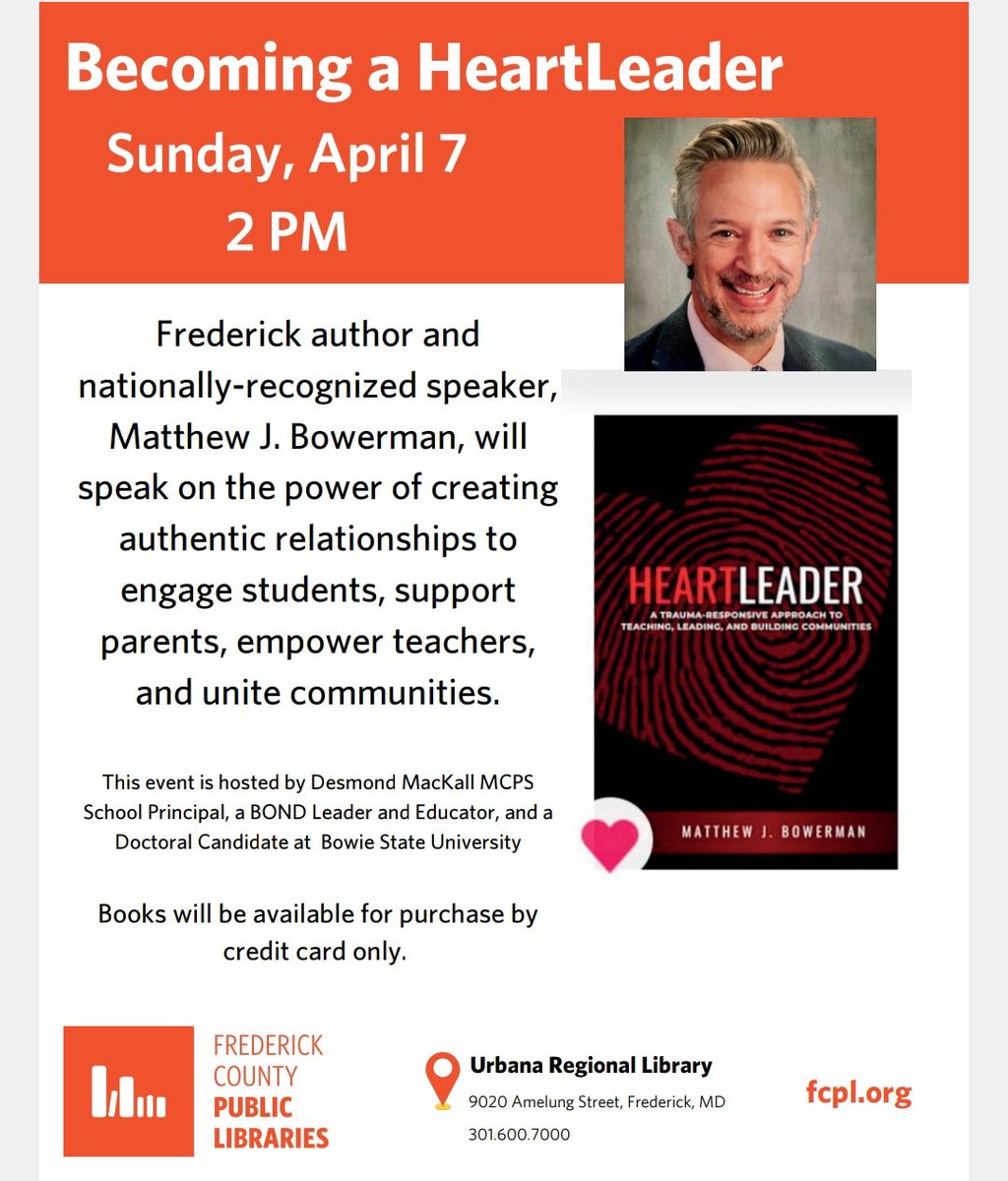 Honored to partner with friend and colleague Desmond Mackall @MHES_Principal & @FredCoLibrary today to share the love, learning, and Heartleading! 2pm,Urbana branch!
@AlainaClarkWein @darylhowardphd @WeinsteinEdu @teachergoals @MHES_Principal 
#Heartleader 
#MentalHealthMatters