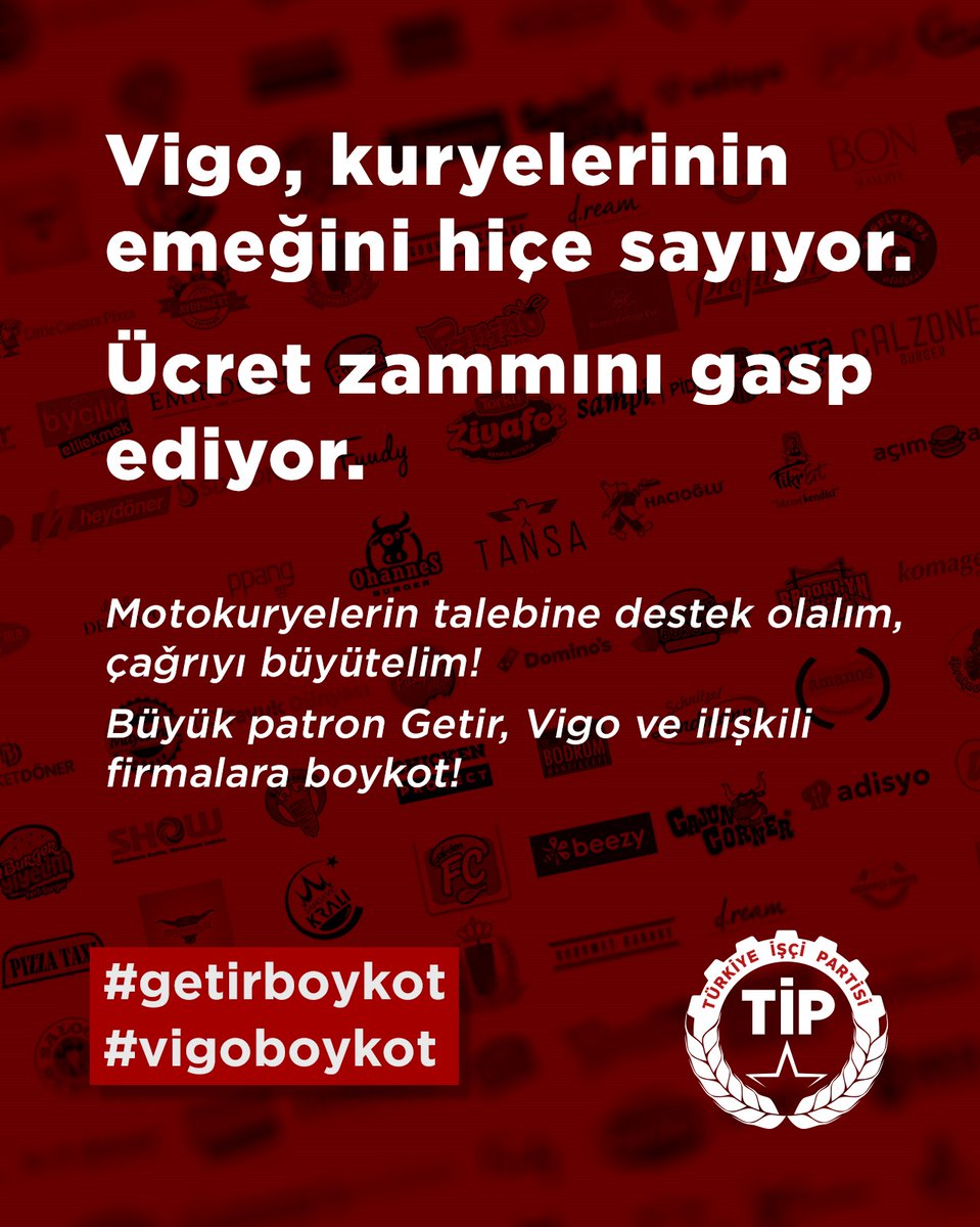 Vigo ücret zammını iptal ettiğini açıkladı. Kuryeler kontağı kapattı, eyleme çıktı.

Patronlar keyfekeder davranmaz!
İşçiye saygı duyacak, iradesini yok saymayacaksınız. 

Ana patron @getir ile başlıyor, Vigo'nun çalıştığı tüm firmaları boykot ediyoruz. #GetirBoykot #vigoboykot