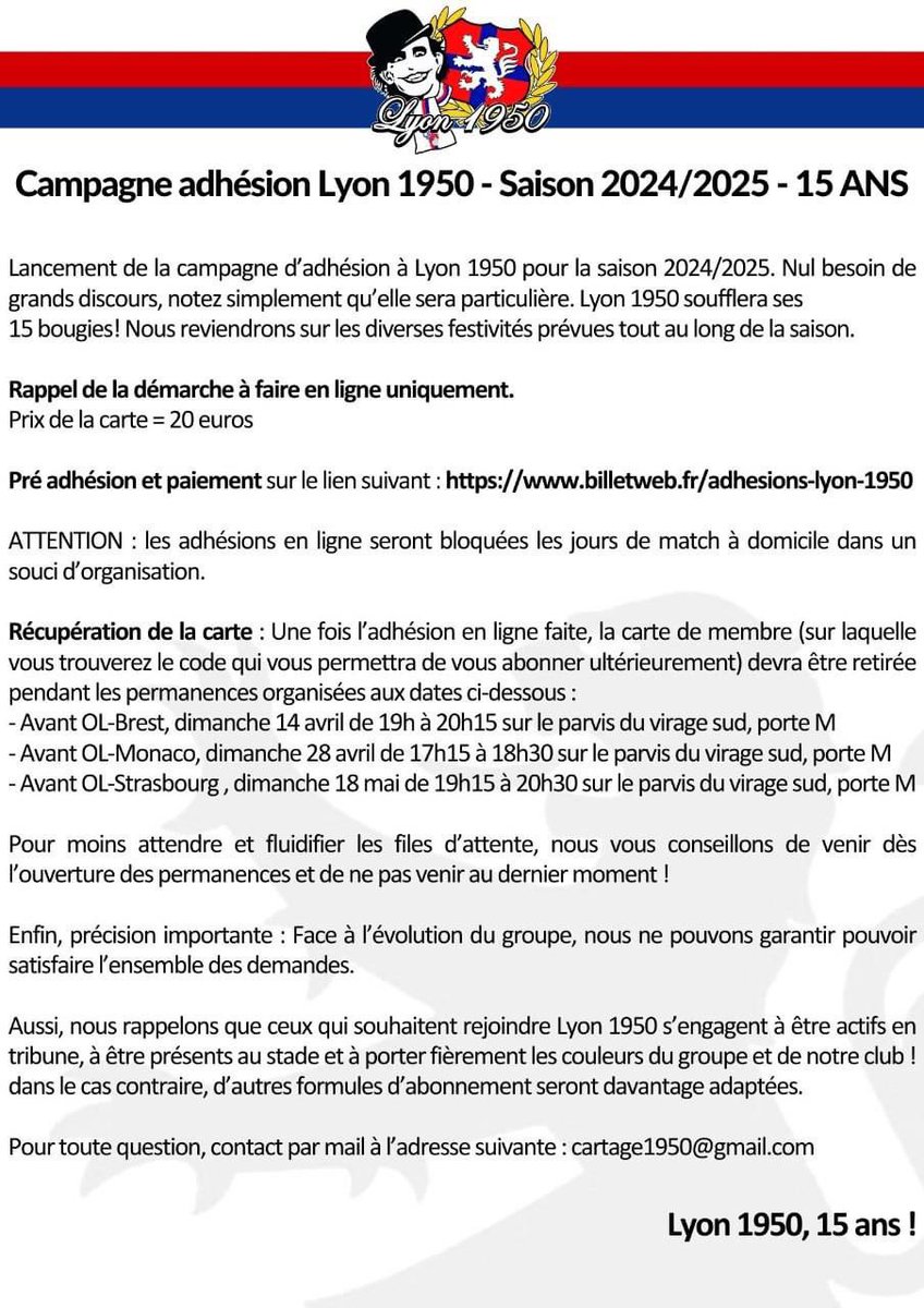 1950officiel's tweet image. 🔴🔵 Lancement de la campagne d&apos;adhésion pour la saison 2024-2025

👉 Lien pour se carter : billetweb.fr/adhesions-lyon…

En route pour les 15 ans ...
