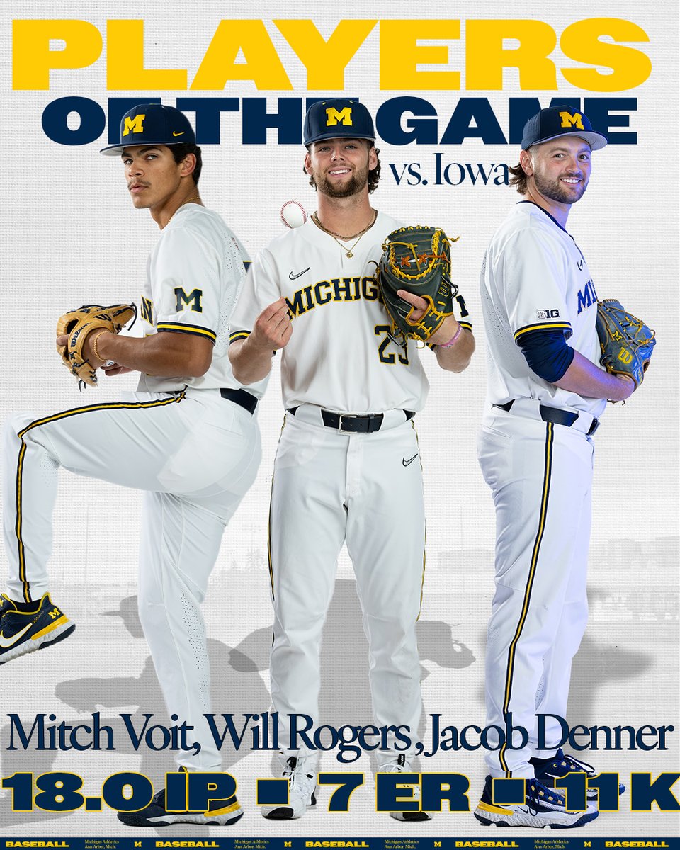 What a performance by these three on the mound! Voit, Rogers and Denner combined for 18 innings, 11 strikeouts and two wins! #GoBlue