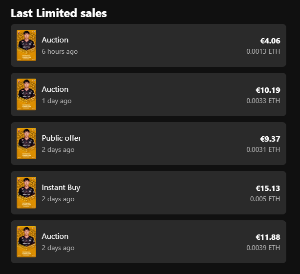 #Sorare Yamakawa price
1 day ago -> Auction 10.19€
6h ago -> Auction 4.06€
Less than half the price in 12 hours.
Amen.