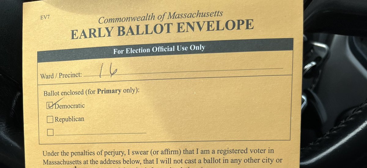 To the #earlyvoting crowd in #massachusetts:  your ballot envelope is received at the clerk’s office, time/date stamped on back, scanned into VRIS as ballot recvd, & delivered to your precinct to be tabulated ON Election Day. No “banking” of your vote early WHATSOEVER.