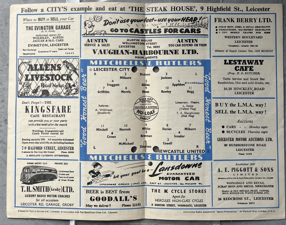 ian cowell (@ircowell) on Twitter photo Appearance 287 Leicester 3-2 <a href="/NUFC/">Newcastle United</a> 18th Sept 1954, match programme and Sunday Sun with the report Appearance 287 Leicester 3-2 <a href="/NUFC/">Newcastle United</a> 18th Sept 1954, match programme and Sunday Sun with the report