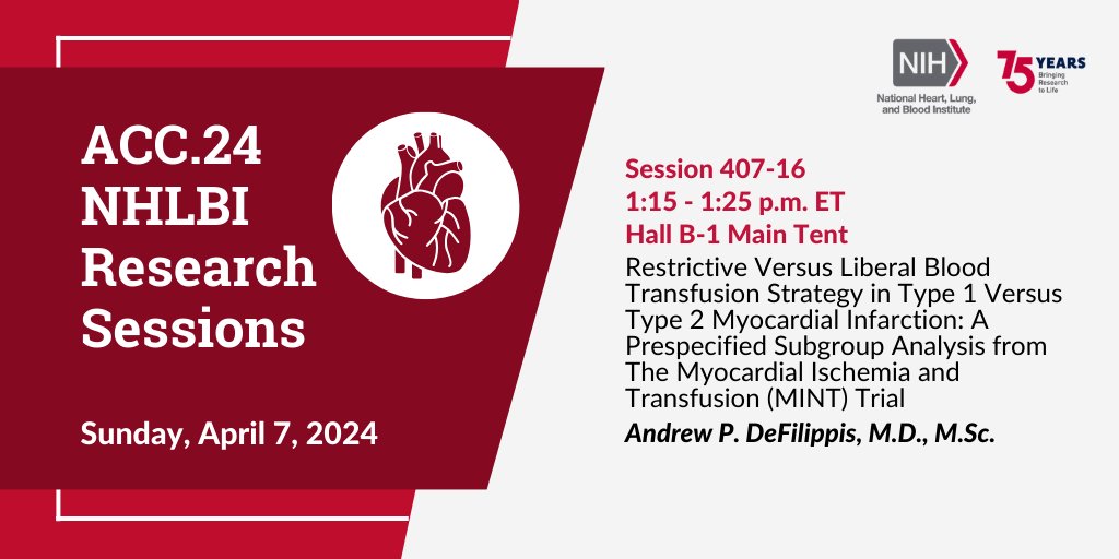 A #MINT subgroup analysis may inform future studies: Adults who had a sudden (T1) #HeartAttack and anemia had lower incidents of having another heart attack/death if they received liberal vs. restrictive blood transfusions: bit.ly/3uTNrPc #ACC24 #CardioTwitter