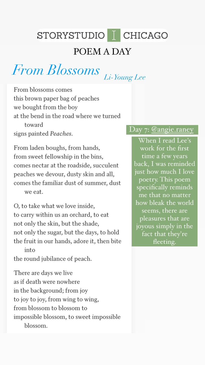 Our Sunday #SSCpoemaday for Day 7 of #NationalPoetryMonth is from our events and fundraising assistant @RaneyAngie, who chose “From Blossoms” by Li-Young Lee.