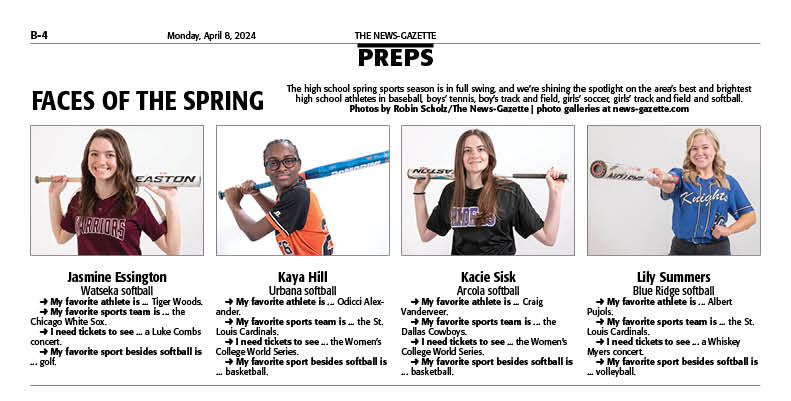 Area softball standouts Jasmine Essington from @WarriorAthDir, Kaya Hill from @athleticsurbana, Kacie Sisk from @ArcolaAthletics and Lily Summers from Blue Ridge will be in Monday's @news_gazette for our Faces of the Spring series