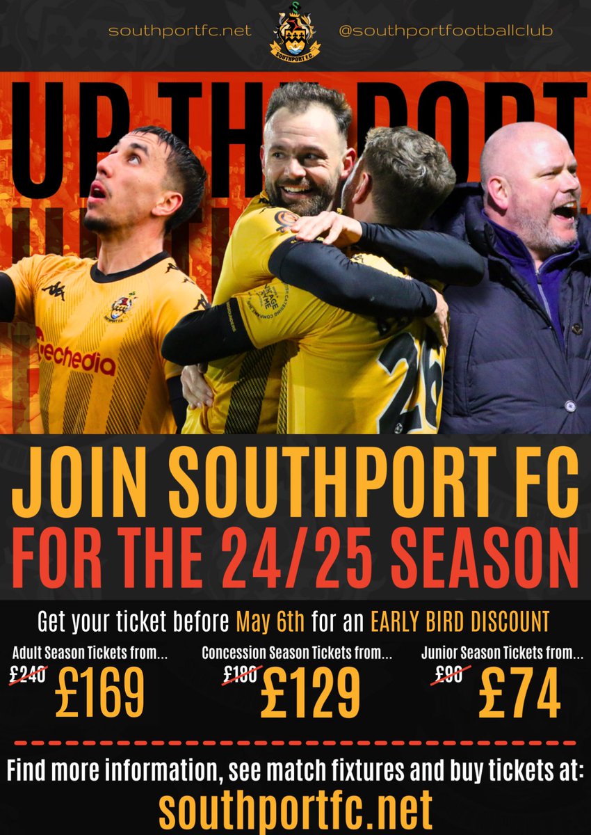 southport_fc's tweet photo. 🎟️ 𝗘𝗮𝗿𝗹𝘆 𝗕𝗶𝗿𝗱 𝗦𝗲𝗮𝘀𝗼𝗻 𝗧𝗶𝗰𝗸𝗲𝘁𝘀 for the 2024-25 season are going on sale from 9AM tomorrow! 

A link will be posted shortly after they go live. https://t.co/shAVZVSITQ