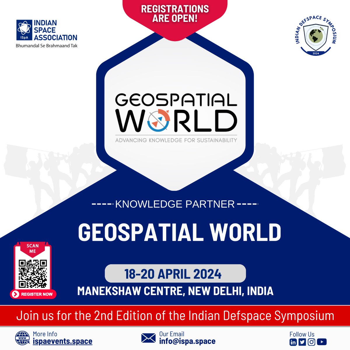 ISpA- Indian Space Association Welcome @geoworldmedia as a Knowledge partner for the Indian DefSpace Symposium 2024, 18-20 April, Manekshaw Centre, New Delhi, India. For registration, Scan the QR code or visit ispaevents.space.