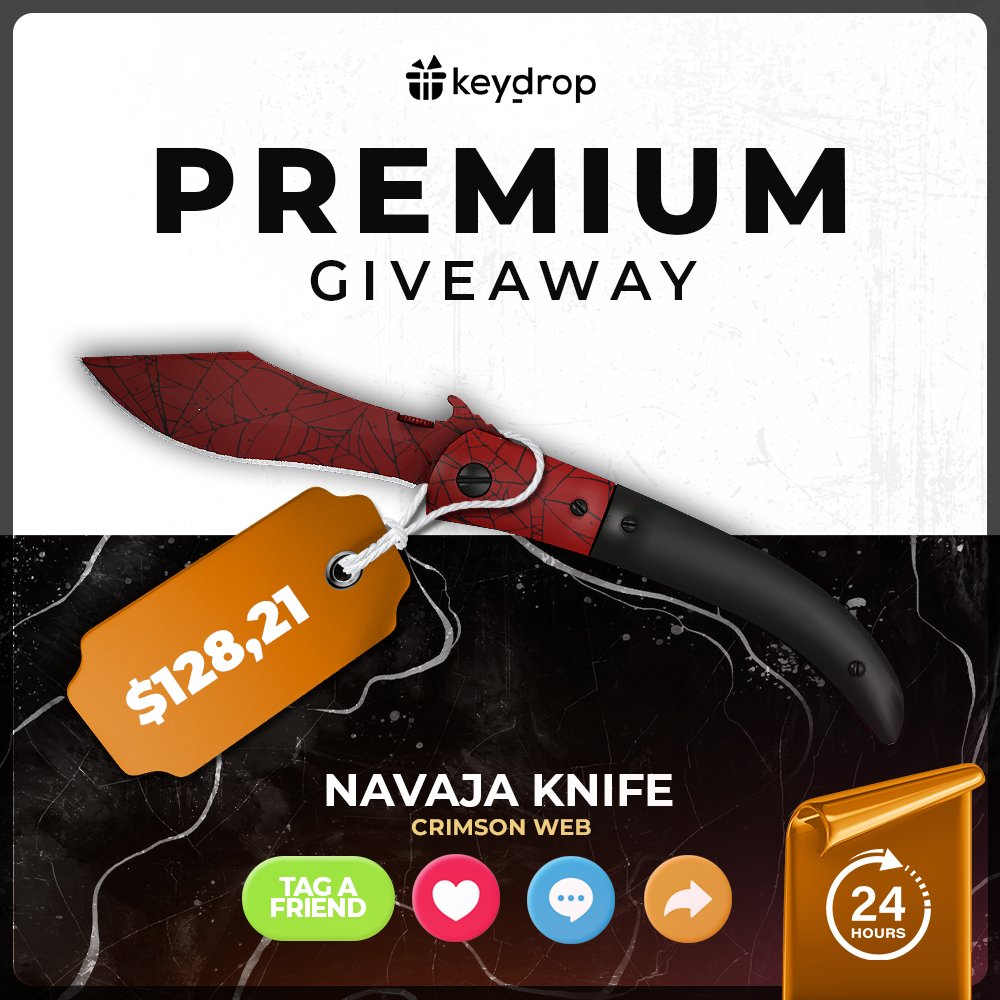 Win Navaja Knife | Crimson Web in JUST 3 clicks!🏆

👊 Like ❤️ the post!
🔁 Retweet! 
👥 Tag a Friend! 

⏰ Wait 24 hours! 

*Make sure you follow us 

#giveaways #signfree #freegiveaways #keydropcom