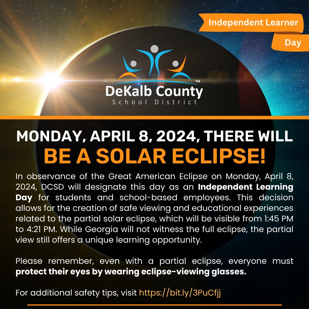 REMINDER❗ TOMORROW, April 8 is an Independent Learning Day due to the Great American Eclipse. 🌑 Keep safety in mind & use proper eclipse glasses for viewing. 🕶️ We're excited to see you back in class on April 9! More eclipse safety: bit.ly/3PuCfjj. #iLoveDCSD💙🧡