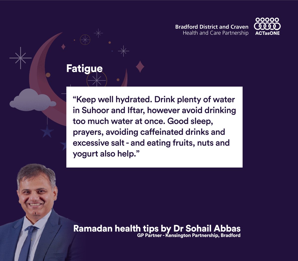 #Ramadan health tip from GP @SohailBCCG. Fatigue and how to manage it. 👇👇
