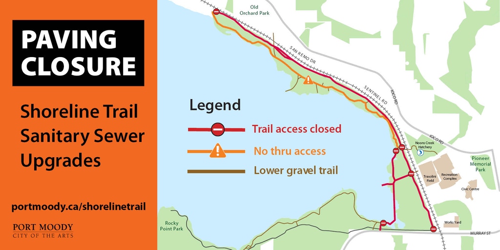 Shoreline Trail section between Murray St & Old Orchard Park is closed for paving tomorrow until April 19. No access or thru route from Old Orchard to Murray St/Town Centre during this time. Follow detour signs. Cooperation appreciated. For details, visit tinyurl.com/mpzn3w5p