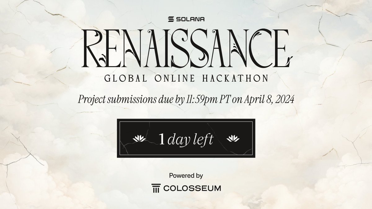 1️⃣ The Solana Renaissance Hackathon powered by @ColosseumOrg has a single day remaining — and only you control your destiny. Who's going to emerge from the arena and build the next breakout web3 startup? Submit by April 8th, 11:59pm PST: arena.colosseum.org