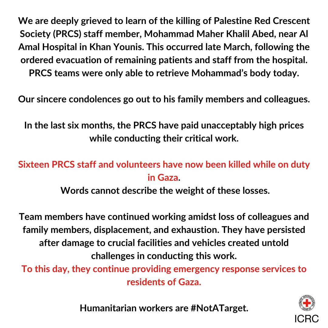 Each day of this conflict is another day that humanitarian workers are unable to operate safely. Our thoughts are with @PalestineRCS. #NotATarget