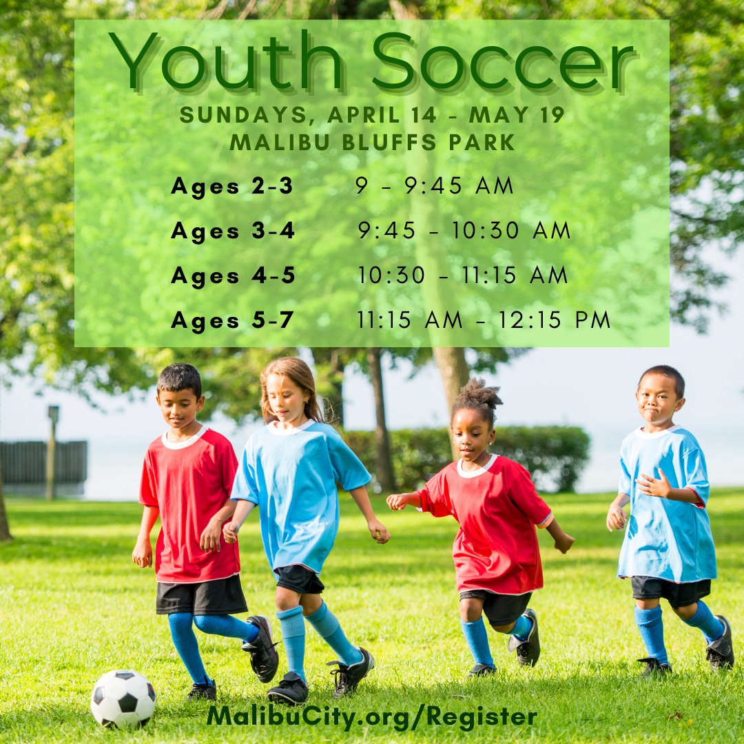 ⚽ GAME ON – Get your cleats and soccer ball ready to join Super Soccer Stars on Sunday, April 14 at Malibu Bluffs Park to kick off our spring soccer program. Register online at MalibuCity.org/Register. #youthsports #supersoccerstars #malibu