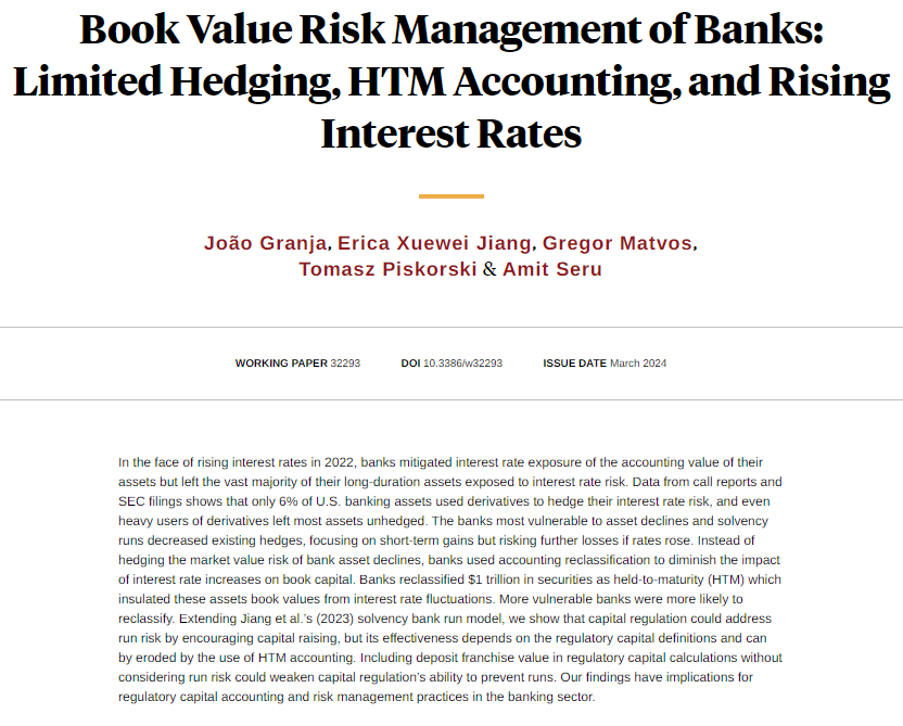 Capital regulation could address run risk by encouraging capital raising, but its effectiveness depends on the regulatory capital definitions and can be eroded by the use of held-to-maturity accounting, from Granja, @EXjiang, Matvos, Piskorski, and Seru nber.org/papers/w32293