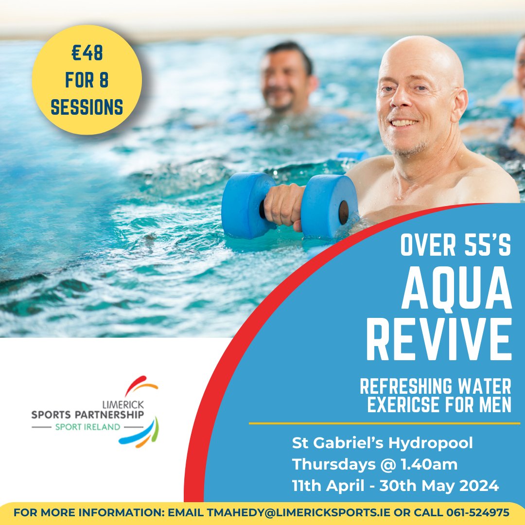 Aqua Revive for Men! 💦 📍 St. Gabriel’s Hydropool 📆 Thursdays, 11th April – 30th May, 2024 ⏰ 1:40pm – 2:20pm 💶 The Cost is €48 🔗 limericksports.ie/event/aqua-rev… @Limerick_ie @sportireland @HealthyLimerick @CommHealthMW #AquaRevive