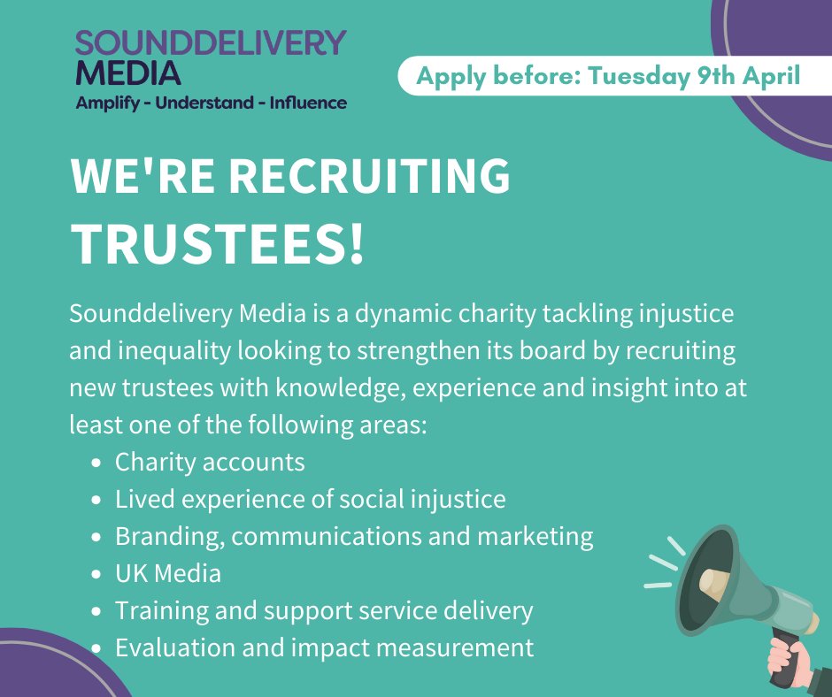 Not long left! We're seeking dynamic individuals with a passion for social justice to join our Board of #Trustees. Apply today and help shape our impactful work. Deadline: Tues 9 April sounddelivery.org.uk/jobs/trustees/ #charityjobs