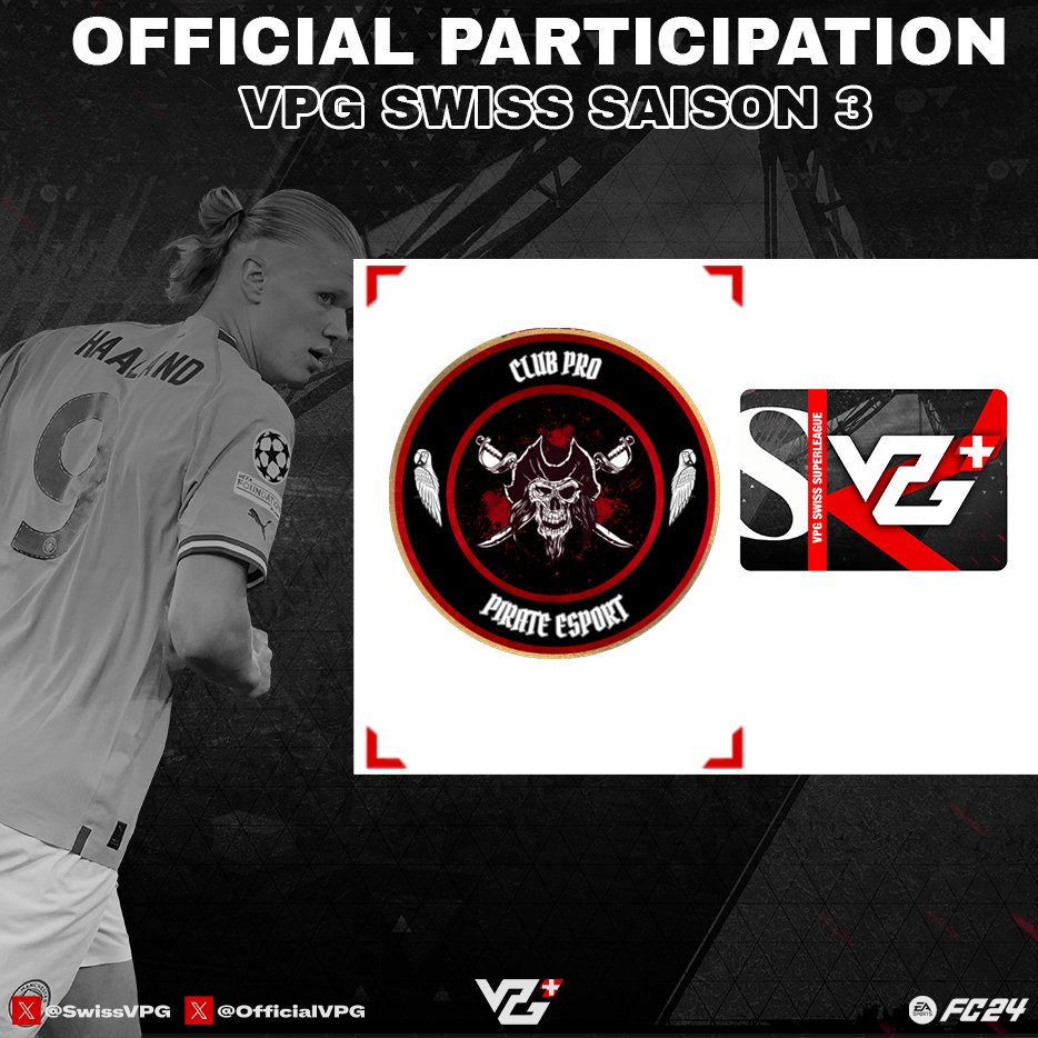 🚨 VPG 🚨 L'équipe de Pirate Esport est fière de vous annoncer sa participation à la SuperLeague @SwissVPG 🇨🇭😱🔥 Nouvelle Saison , Nouveau Objectifs nous recrutons encore aux Postes suivants : DC GK Piston BU ( Si collectif et finisseur 🏴‍☠️ ) R.T Apprécié 🏆