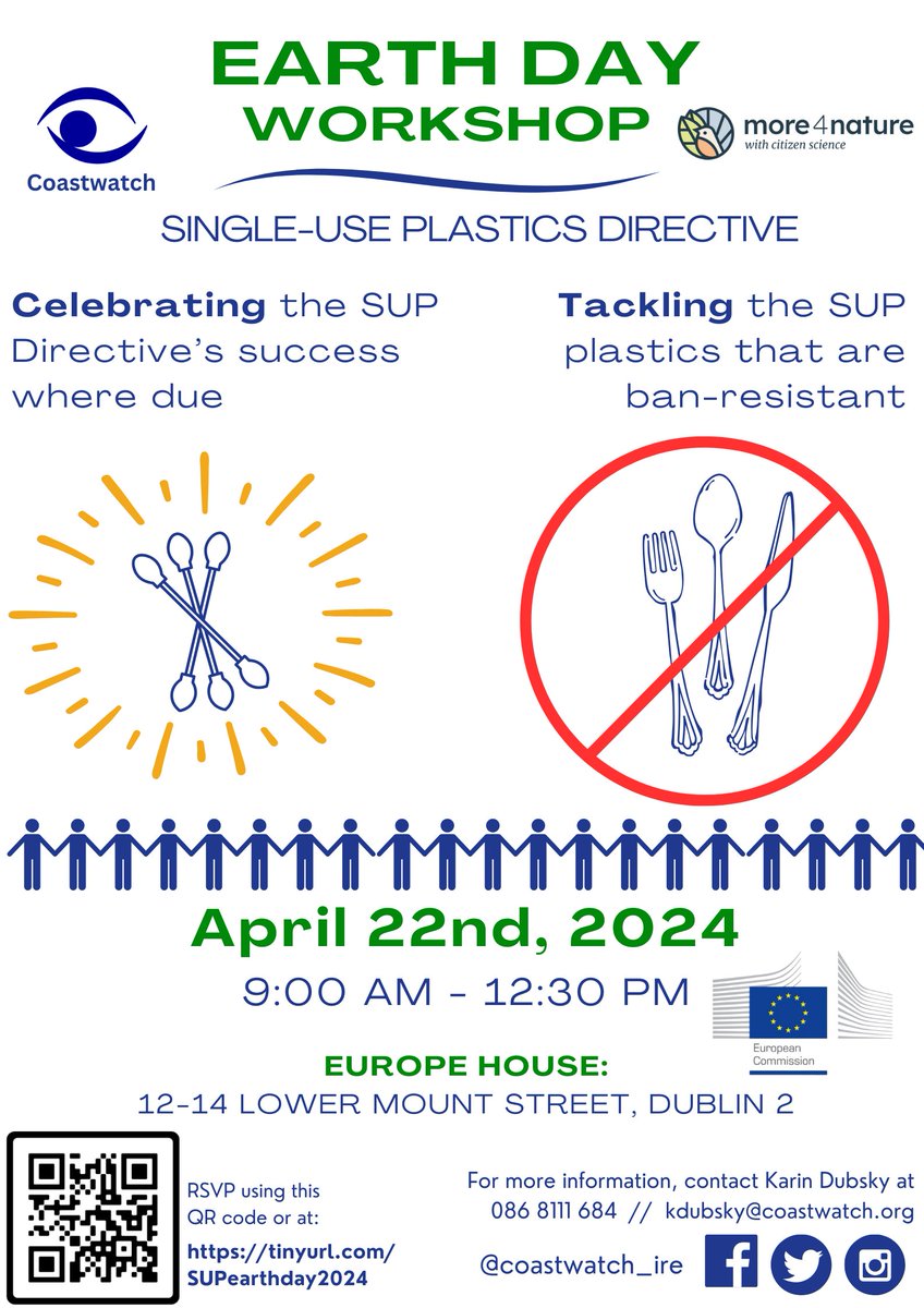 Our Earth Day 2024 Workshop focuses on the Single Use Plastics (SUP) Directive highlighting successes, as tracked in Coastwatch marine litter citizen science surveys, and tackling the Plastics that are ban-resistant. Please book tinyurl.com/SUPearthday2024