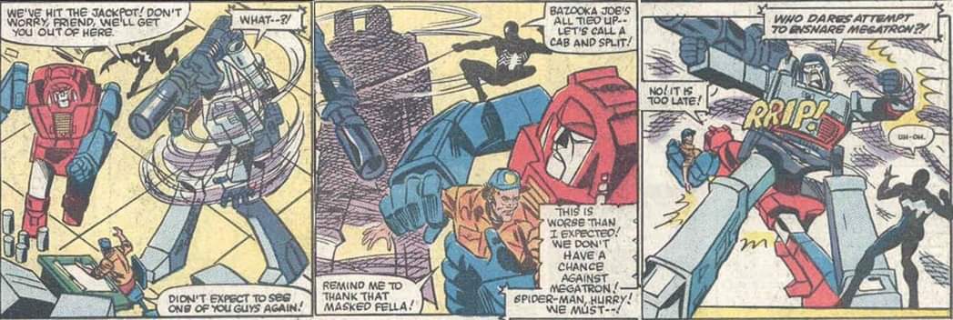 In issue #3 of the Transformers comic series, Spider-Man ensnares Megatron in his webs. Yes, this actually happened back in 1985.

#hasbro #transformers #morethanmeetstheeye  #eighties #80scartoons  #saturdaycartoons #G1  #comics #marvel #marvelcomics #spiderman  #megatron