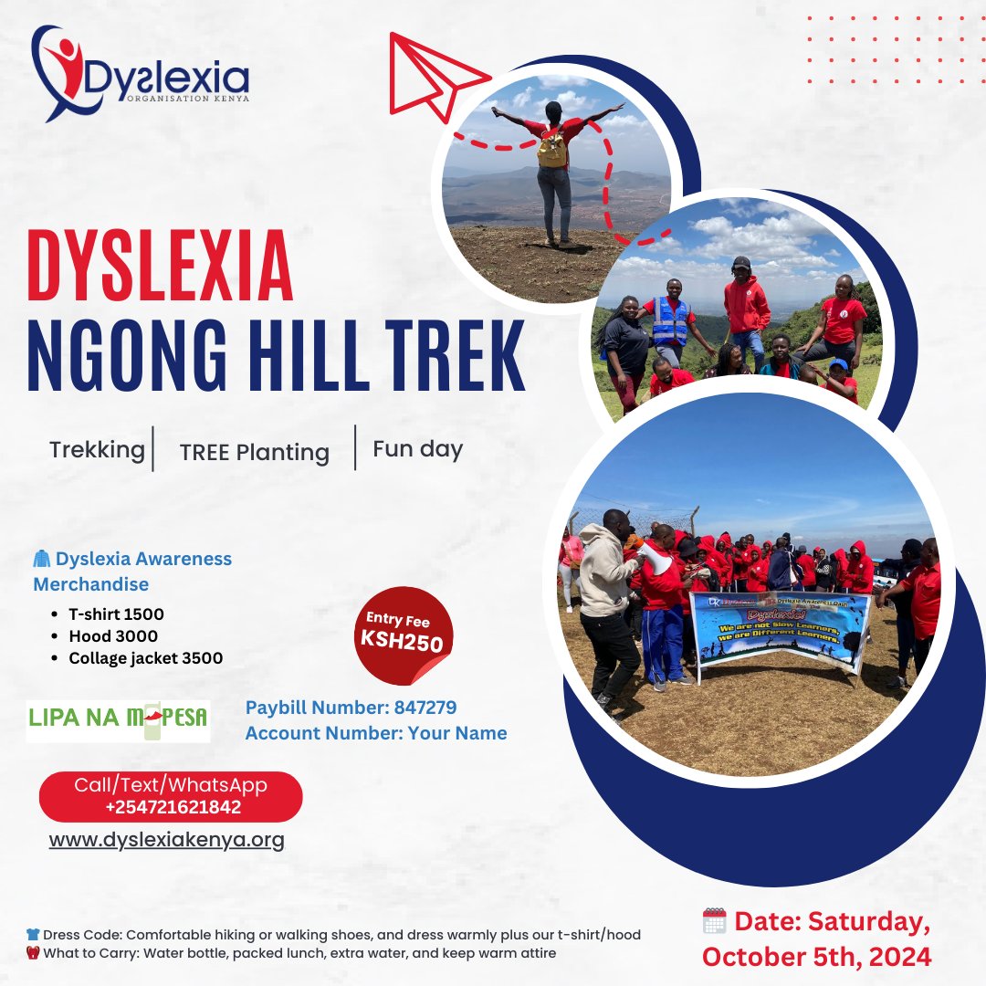 '🌟 Lace up those hiking boots! Join us on October 5th for a day of raising dyslexia awareness with hiking, tree planting, and our exclusive Dyslexia Awareness Merchandise! 🧥🌳 Don't miss out - register now! More info: +254721621842 #DyslexiaAwareness #HikeForACause #Merchandise