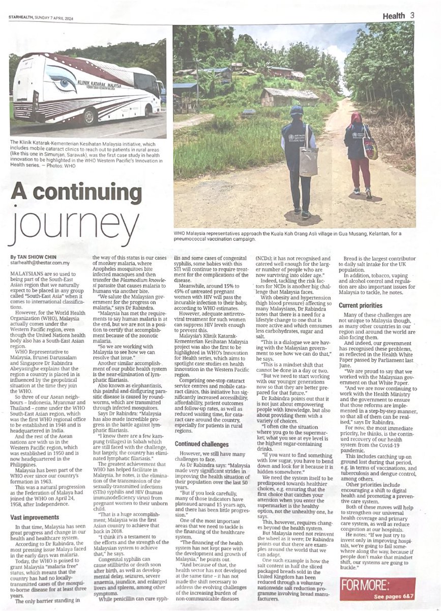 On World Health Day, Dr Rabindra Abeyasinghe, WHO Representative to Malaysia, Brunei Darussalam and Singapore @DrRabiWHO shares WHO’s work efforts and journey in Malaysia with @staronline . #WorldHealthDay #HealthForAll