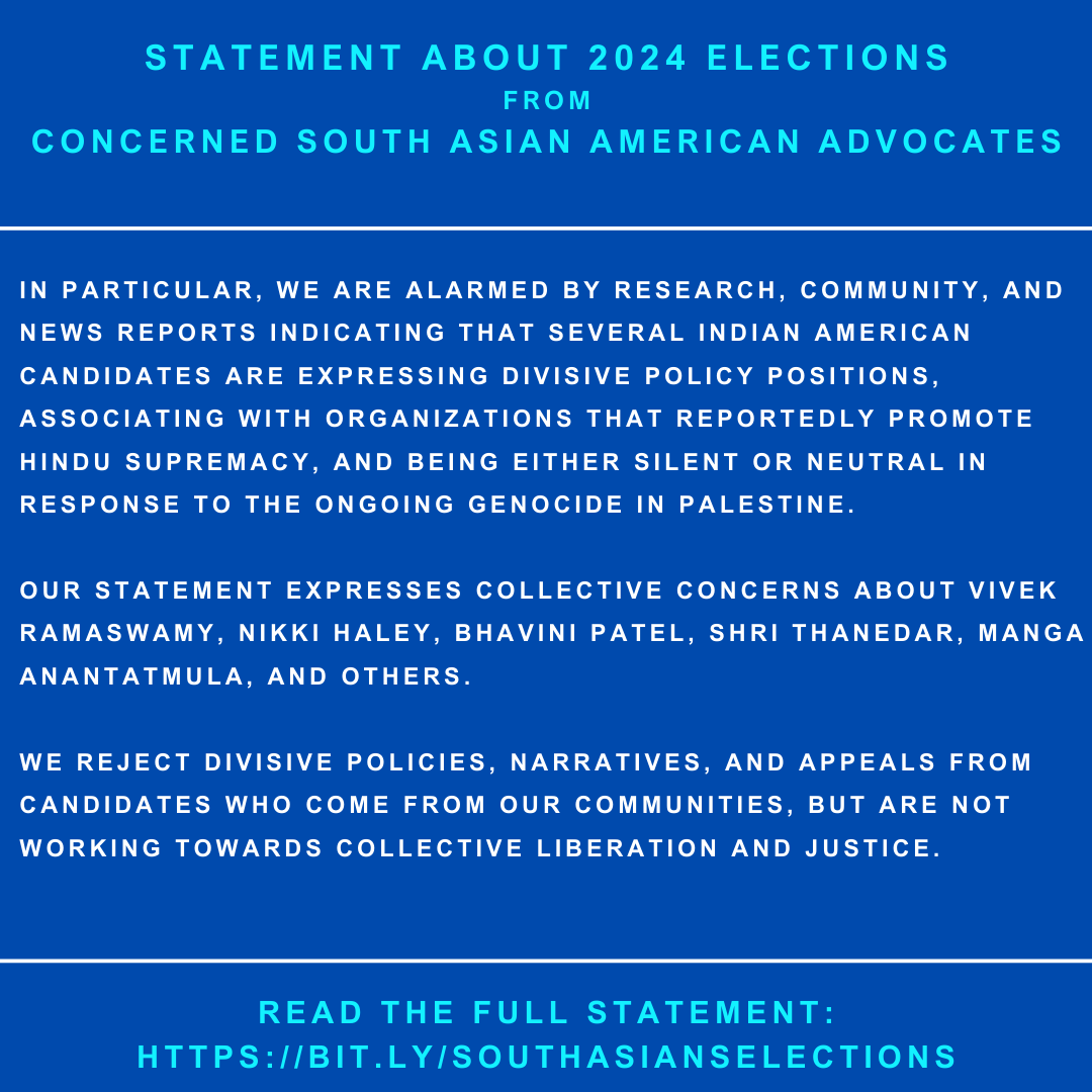 100+ South Asian American advocates endorsed a statement to uplift concerns about several Indian American candidates who: *express divisive policy positions *associate w/ orgs that reportedly promote Hindu supremacy *are silent/neutral on Palestine Read: bit.ly/SouthAsiansEle…