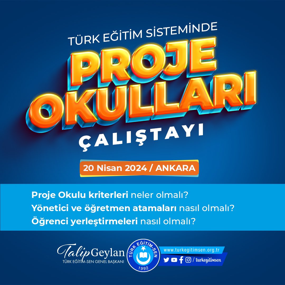 ÇALIŞTAY TÜRK EĞİTİM SİSTEMİNDE PROJE OKULLARI (20 Nisan 2024) 🔴Akademik başarısı en yüksek ve ülkemizin geleceği olan çocuklarımızın okuduğu okullarımızı yıllardır süregelen karmaşadan kurtaralım. 🔴Proje okullarını, siyasilerin ve sözde STK’ların tahakkümünden kurtaralım!…