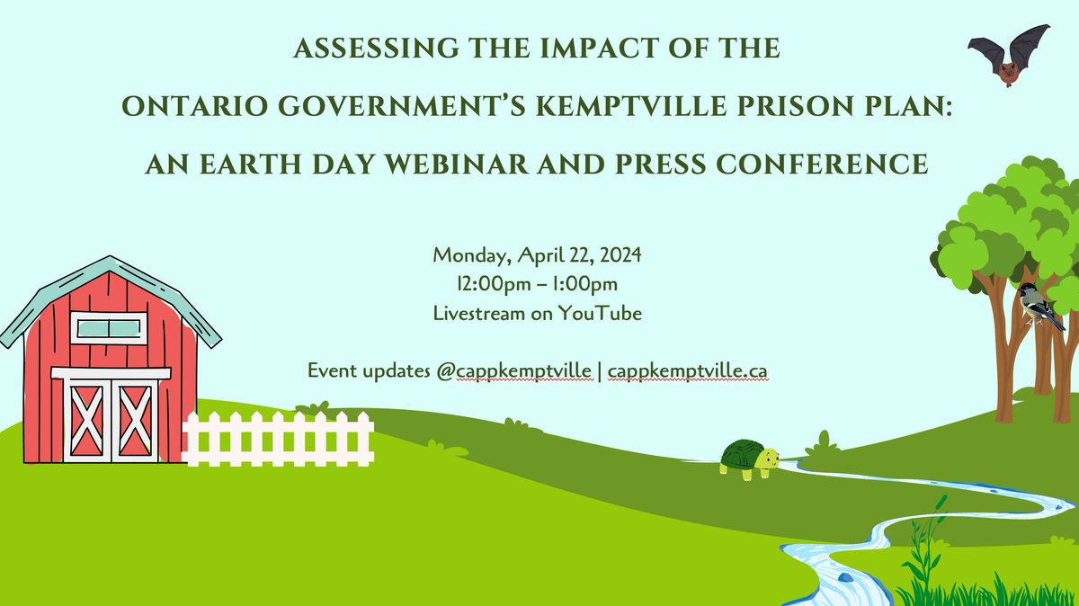 Save the date!

Assessing the Impact of the Ontario Government's Kemptville Prison Plan: An Earth Day Webinar and Press Conference

Monday, April 22, 2024
12:00pm-1:00pm
Livestream on YouTube

More event info in 🧵

#SaveFarmland
#StopTheKemptvillePrison
#BuildCommunitiesNotCages