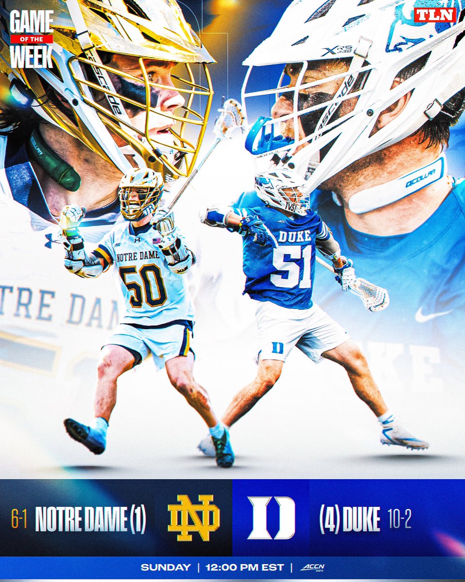 𝐆𝐀𝐌𝐄 𝐎𝐅 𝐓𝐇𝐄 𝐖𝐄𝐄𝐊: The Championship REMATCH 💥🏆 Will @DukeMLAX get their revenge against @NDlacrosse, after falling to the Irish in last year’s NCAA title game? 📺 12 p.m. ET | ACCN
