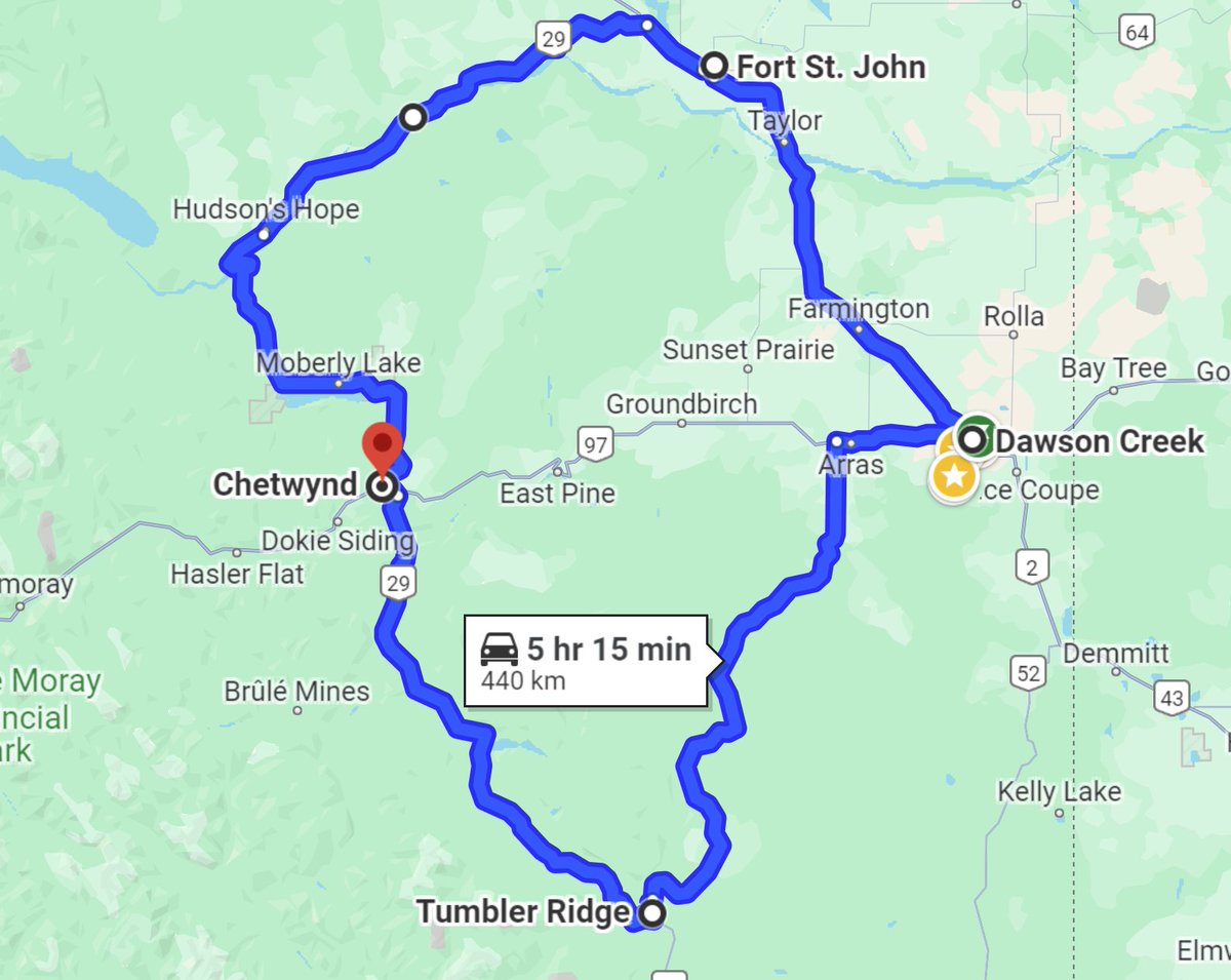 #BCHwy97 is CLOSED b/w Weiland Rd + Wabi Estates  due to a vehicle incident. Motorists will not be able to get to or from #Chetwynd from #DawsonCreek or #FortStJohn via BCHwy 97. Estimated time of opening is 10 AM.  See images for detour.