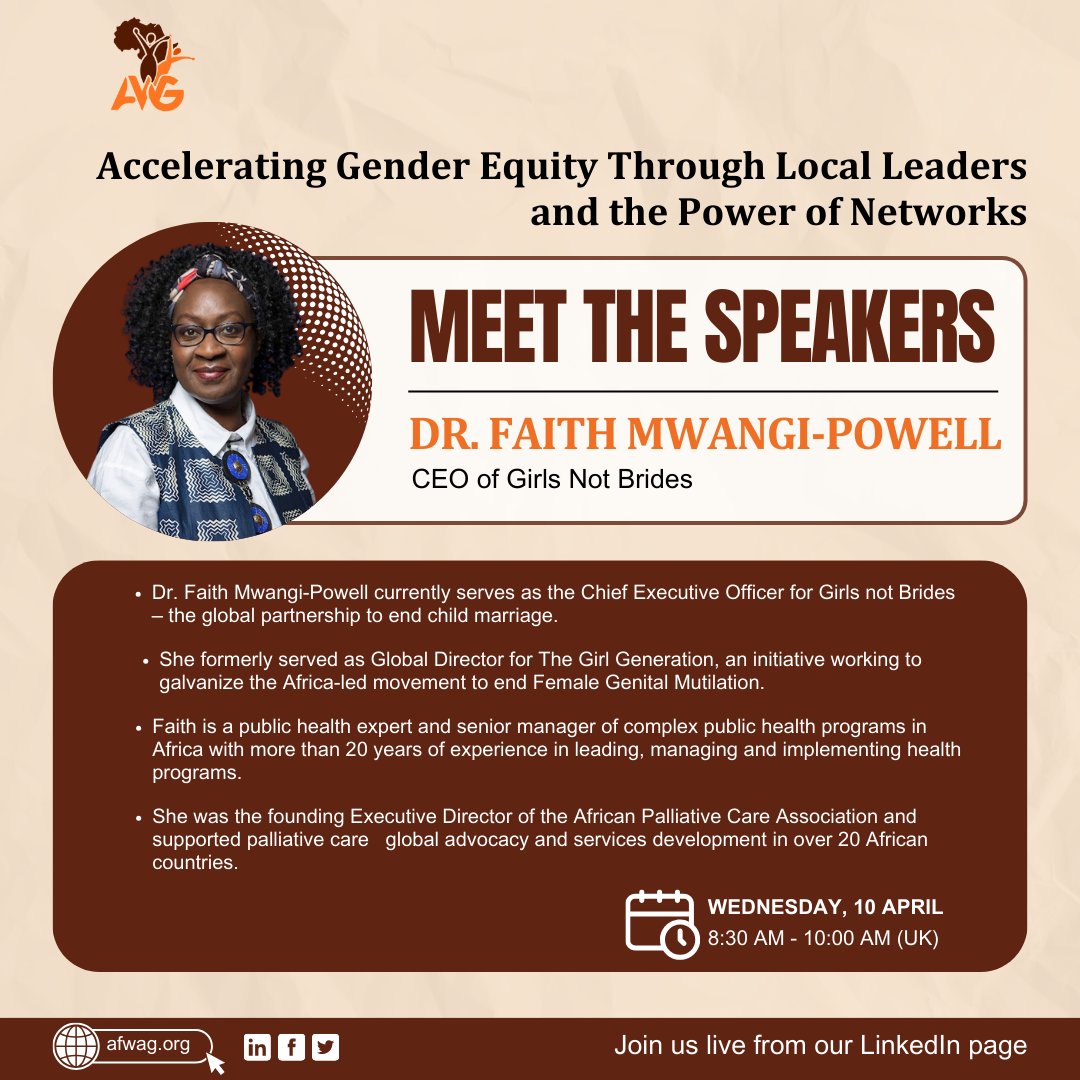 3 days to go & our next speaker spotlight shines on Dr. Faith Mwangi-Powell, CEO at @GirlsNotBrides, a public health champion with 20+ years experience. 
Tune in live on the 10th of April to hear her speak - linkedin.com/events/7181003…

#AFWAGxSkoll #AFWAG #Leadership #genderequity