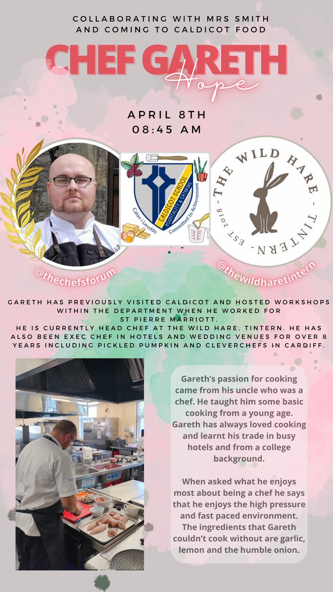 So excited. Mrs Smith Year 10’s have Chef @Garethhope85 from The Wild Hare hosting a masterclass workshop tomorrow 🙏🏻 Alongside Chef Elias they will be showing & supporting students in deboning a whole chicken to turn into a tasty dish! @Caldicot_Sch @thechefsforum @FoodTCentre
