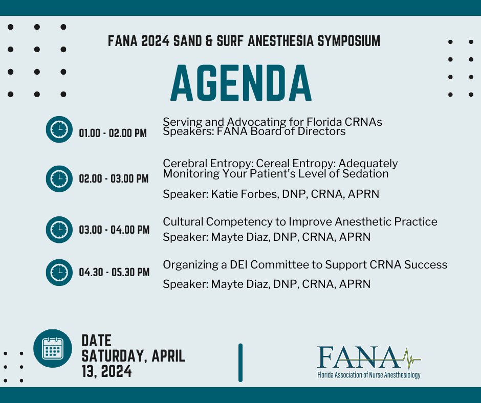 🌟 Dive into the future of anesthesia practice at the FANA 2024 Sand & Surf Anesthesia Symposium! 

#FANASymposium2024 #AnesthesiaEducation #Networking #ContinuingEducation