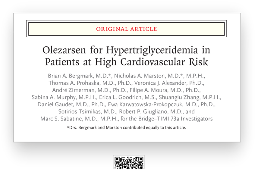 TIMI Study Group (@timistudygroup) on Twitter photo Primary results from Bridge-TIMI 73a Late Breaking Clinical Trial presented by <a href="/BrianBergmark/">Brian Bergmark</a> at #ACC24 show that #olezarsen reduces #triglyceride levels by ~50% without major safety concerns. Now published in <a href="/NEJM/">NEJM</a>. <a href="/marstonMD/">Nicholas Marston</a> Primary results from Bridge-TIMI 73a Late Breaking Clinical Trial presented by <a href="/BrianBergmark/">Brian Bergmark</a> at #ACC24 show that #olezarsen reduces #triglyceride levels by ~50% without major safety concerns. Now published in <a href="/NEJM/">NEJM</a>. <a href="/marstonMD/">Nicholas Marston</a>
