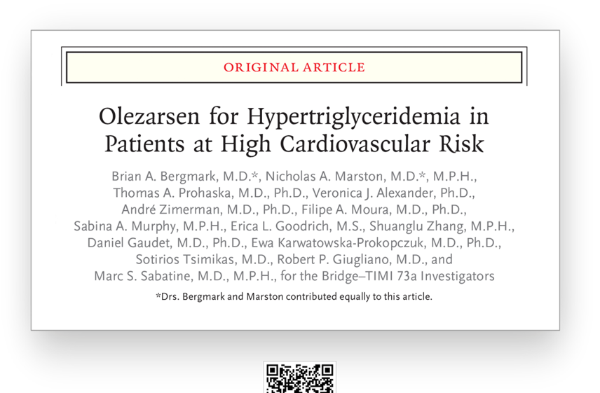 Primary results from Bridge-TIMI 73a Late Breaking Clinical Trial presented by @BrianBergmark at #ACC24 show that #olezarsen reduces #triglyceride levels by ~50% without major safety concerns. Now published in @NEJM. @marstonMD