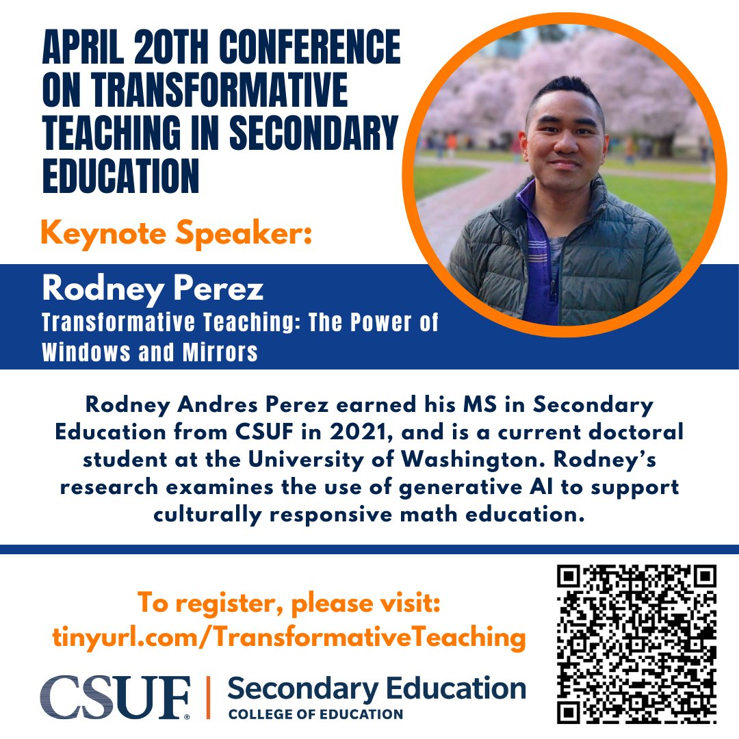 Join @csuf & @csufcoe for our Apr 20 conference on Transformative Teaching in Secondary Ed. Feat workshops by teachers from across CA! Free for pre & in-service educators; CEUs avail. RT @AnaheimUHSD @nmusd @fjuhsd @WeAreCTA @kohli_rita @CABEBEBILINGUAL @OCDEhistory @CalGlobalEd